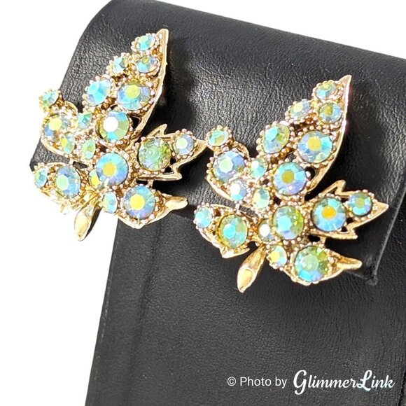 Vintage BSK Aurora Borealis Maple Leaf Gold Tone Ear Climber Clip On Earrings - Picture 4 of 9